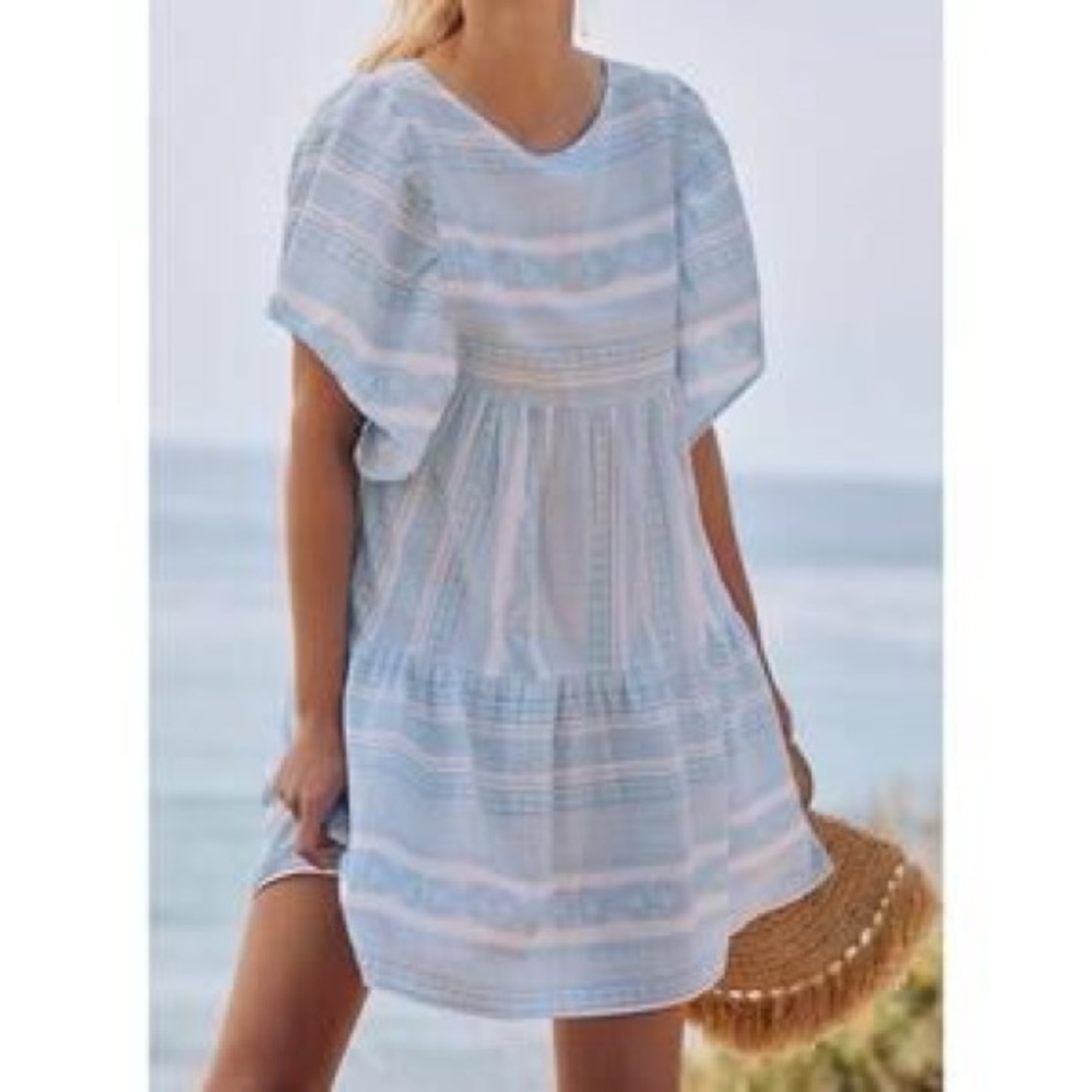 Anthropologie Maeve Tiered Striped Mini Dress Blue and White, size Large
